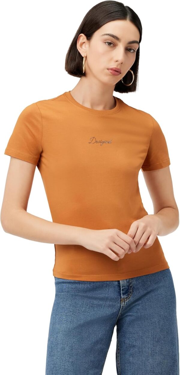 T-shirt femme Desigual manches courtes logo 3D orange noir-0