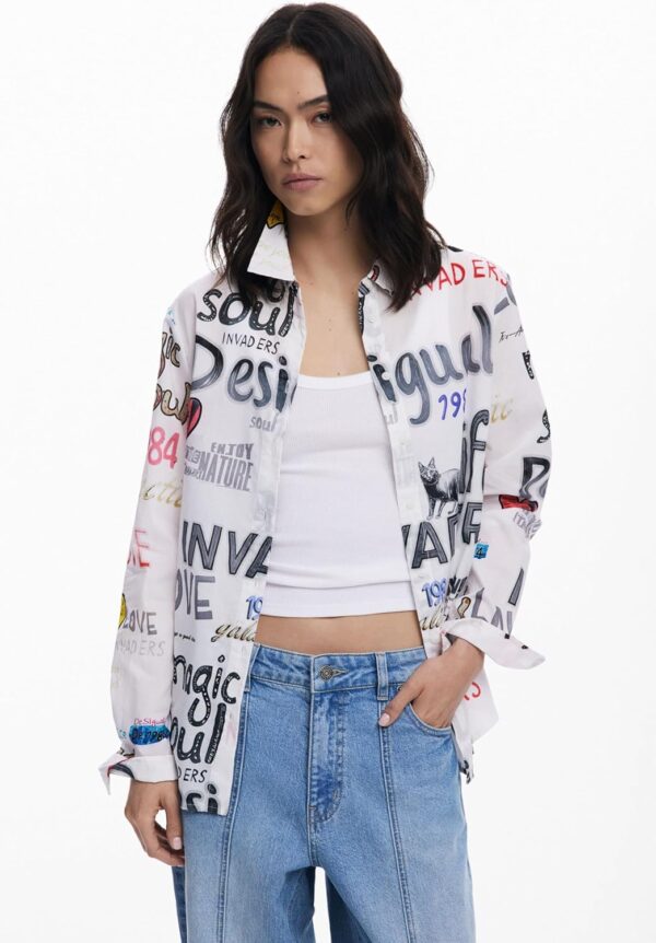 Débardeur femme Desigual imprimé Arty col chemise blanc-1