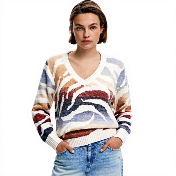 Pull Desigual Femme Imprimé Arty Col V Blanc