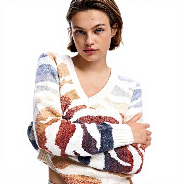 Pull Desigual Femme Imprimé Arty Col V Blanc