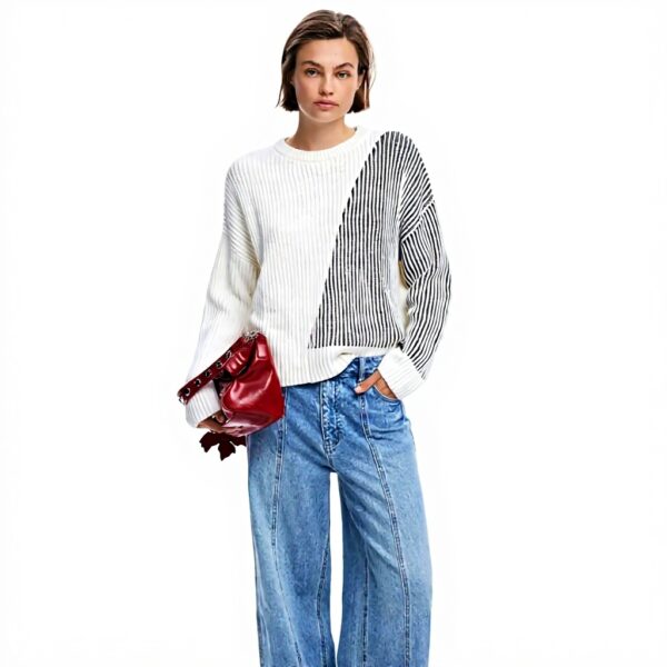 Sweatshirt Desigual Femme Col Roulé Rayures Blanc