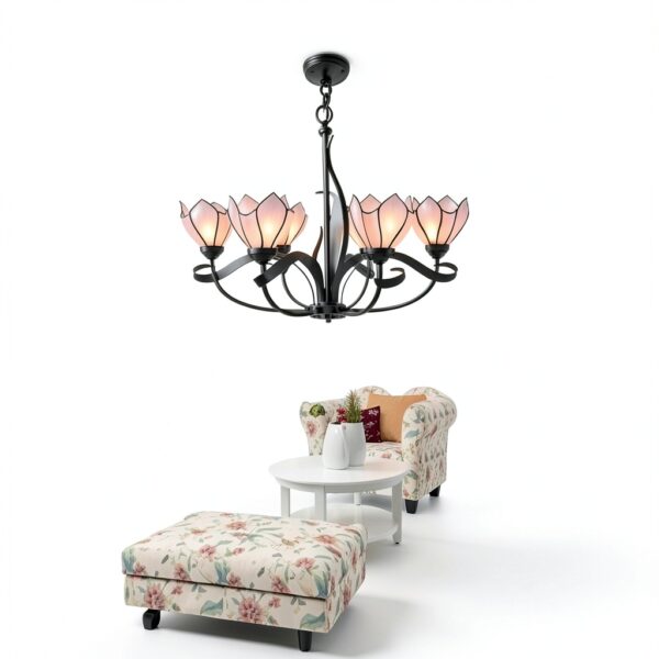 Lustre classique HT rose fer et vitrail éclairage LED-1