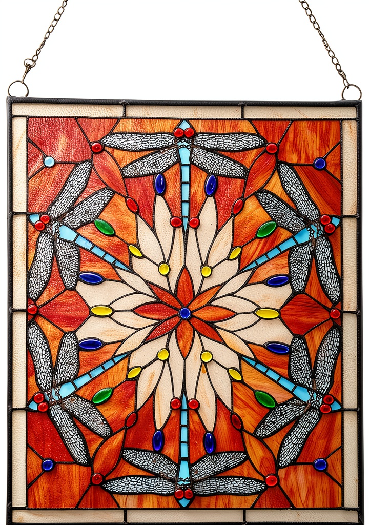 'Sculpture murale libellule verre Tiffany rouge suspendue dans un salon'