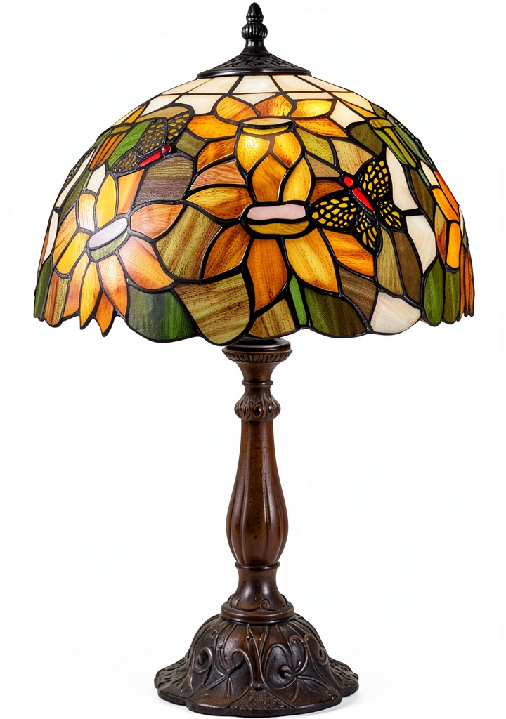 Lampe Tiffany YWYU allumée sur une table de chevet