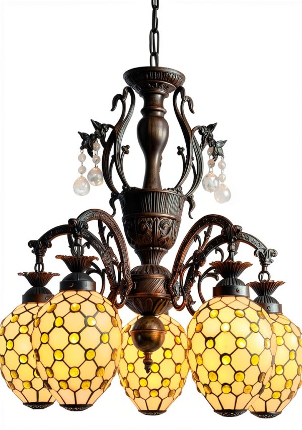 Lustre Tiffany Makenier Métal Verre 5 Ampoules Intérieur-0