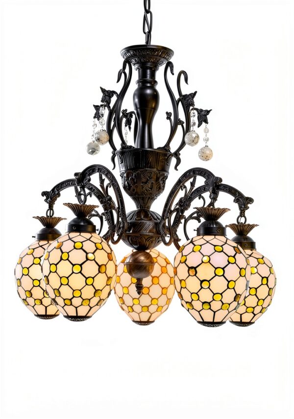 Lustre Tiffany Makenier Métal Verre 5 Ampoules Intérieur-3