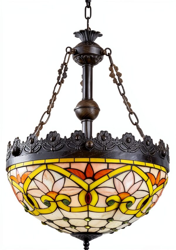 Suspension Tiffany Makenier verre vitrail rose lotus plafond