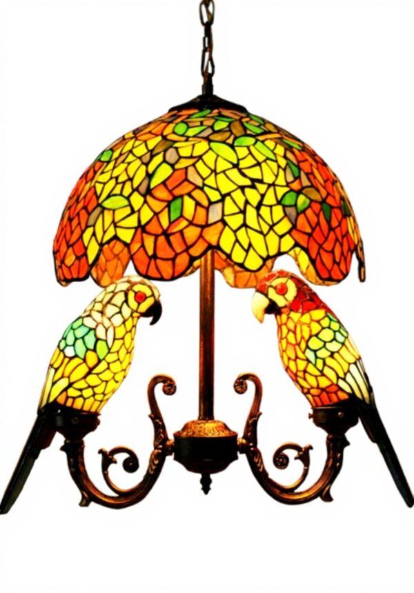 Makenier lampe Tiffany vitrail glycine perroquets suspension