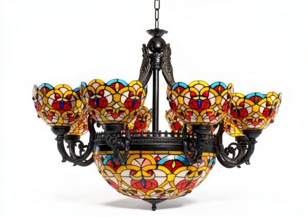 Lustre Tiffany Makenier style vintage 8 bras verre vitrail