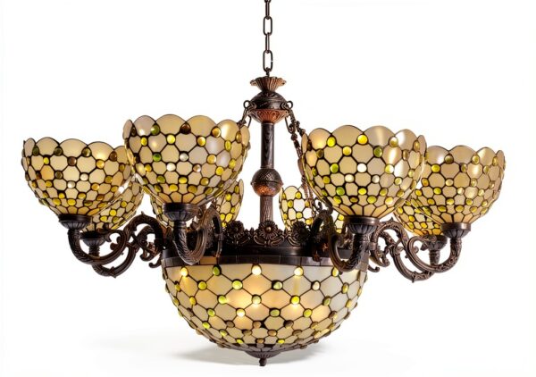 Lustre Tiffany Makenier style vintage 8 bras perle verre