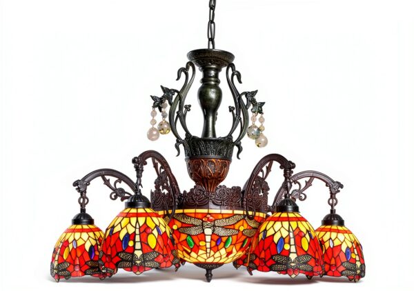Makenier lustre Tiffany libellule rouge verre vitrail 6