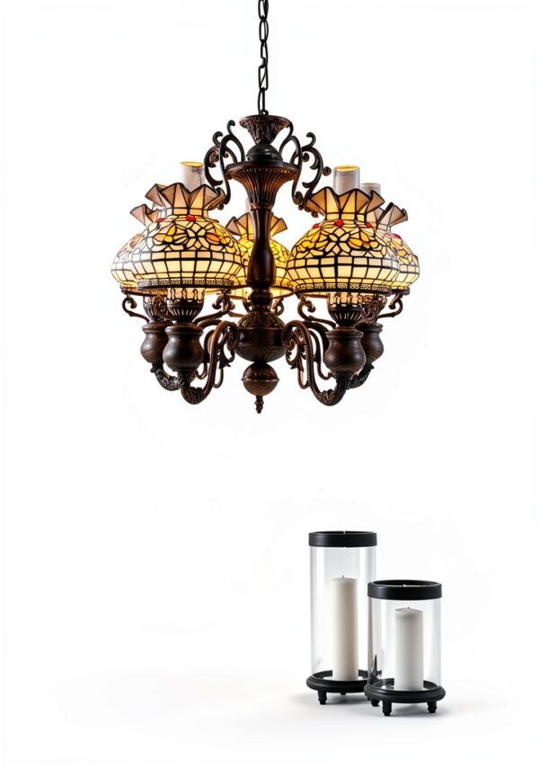 Makenier Lustre Tiffany verre vitrail 5 bras bronze