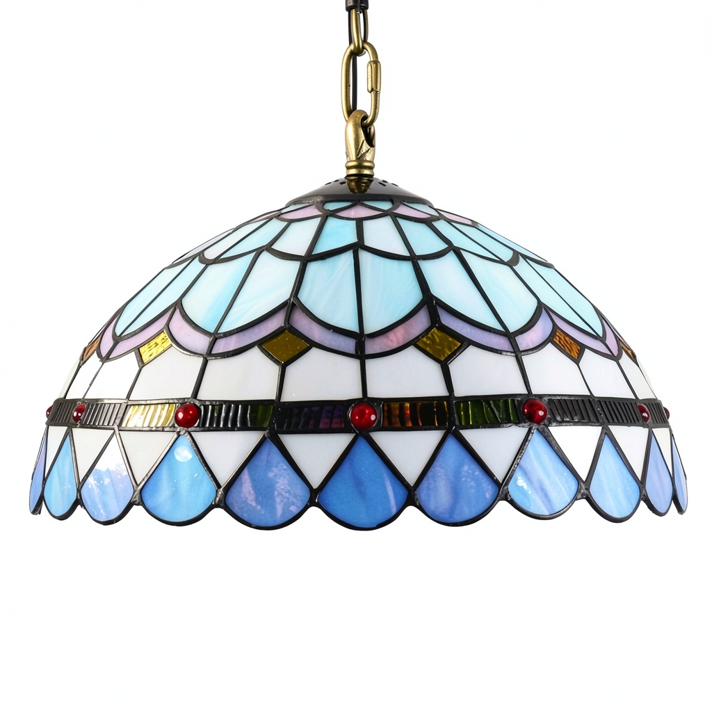Lustre Tiffany suspendu dans un salon avec éclairage allumé